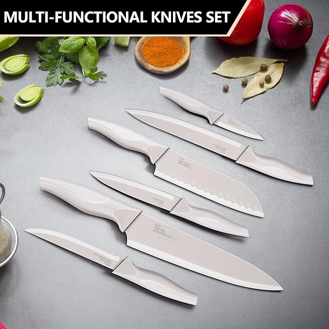 E-far Knife Set with Block, 15 Pieces Kitchen Knife Block Set with Sharpener, High Carbon Stainless Steel Sharp Chef Knife Set with Ergonomic Handles, Anti Rust, Khaki