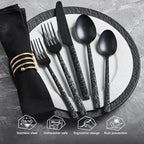 KINGSTONE 40 Pcs Black Hammered Silverware Set for 8, 18/10 Stainless Steel Heavy Duty Flatware Set, Tableware Cutlery Utensil Sets for Home Restaurant Dishwasher Safe