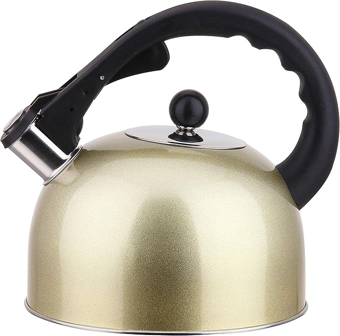 Stainless Steel Stovetop Whistling Tea Kettle 3 Liter (3-Quart) Classic Teapot with Ergonomic Handle, Works on Induction Cooktops-Gold 2407.