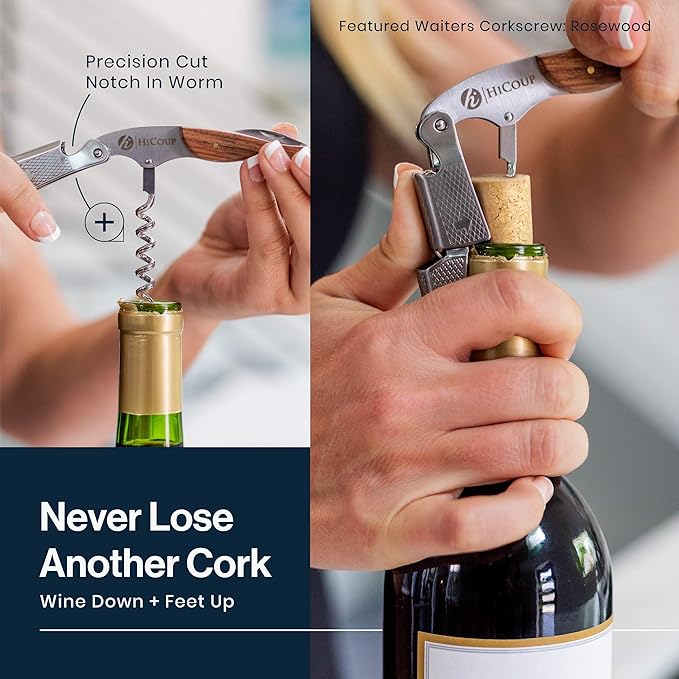 Hicoup Wine Opener - Professional Corkscrews for Wine Bottles w/Foil Cutter and Cap Remover - Manual Wine Key for Servers, Waiters, Bartenders and Home Use - Stainless Steel With Jade Resin Inlay