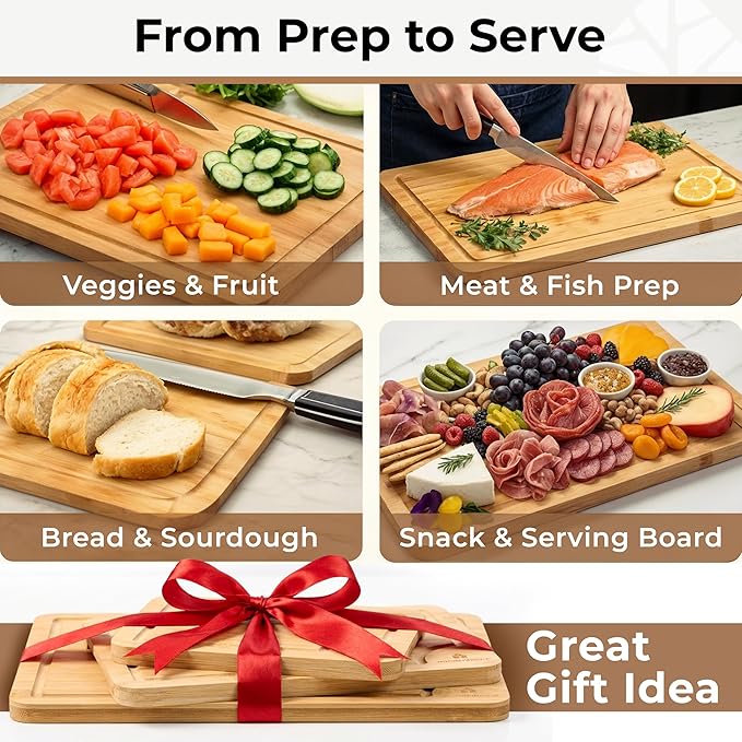 Bamboo Cutting Board Set of 3 - Thick & Durable Wood Cutting Boards with Deep Juice Grooves & Build-in Handles, Large Surface, Easy to Clean – for Meat, Vegetables and Fruits (Set of 3 with Holder)
