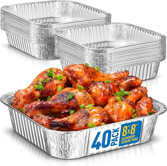 8x8 Disposable Aluminum Pans - 40 Pack Foil Pans For Cooking, Baking Cakes, Roasting & Homemade Breads - Disposable Food Containers