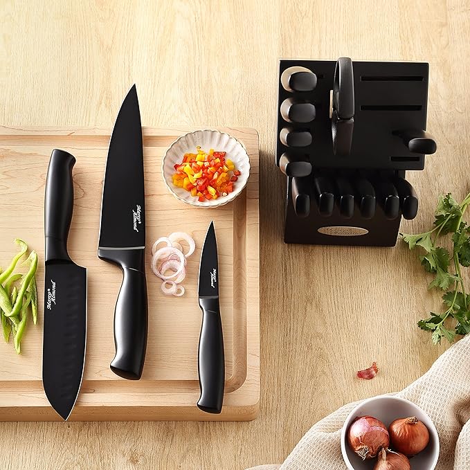 Marco Almond® Kitchen Knife Set with Block and Sharpener MA23, 17 Pieces Knife Block Set Stainless Steel Chef Black Knives Set for Kitchen