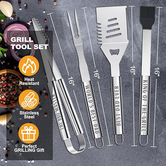 Dad Gifts from Daughter, Dad Grilling Accessories Fathers Day, Heavy Duty Stainless Steel Grill Set BBQ Grill Tools for Outdoor Grill with Aluminum Case, Grill Utensils Set Ideal Grilling Gifts