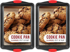 Nonstick Cookie Sheet Pan Carbon Steel Oven Tray Sheet Pan with Red Silicone Handles -large Bakeware Pan Tray with Gray Coating Inside & Outside (Pack of 2)