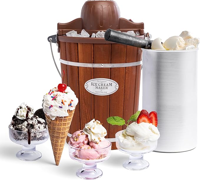 Nostalgia Electric Ice Cream Maker With 6 Qt Capacity - Old Fashioned Ice Cream Machine Makes Frozen Yogurt or Gelato in Minutes- Vintage Wooden Style Ice Cream Maker with Aluminum Canister- Dark Wood