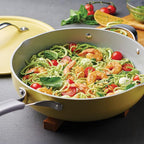 Tramontina All-in-One Plus Pan Set, 5-Quart Ceramic Non Stick Cooking Pan with Lid, Steamer Insert, Bamboo Utensil and Trivet, Yellow