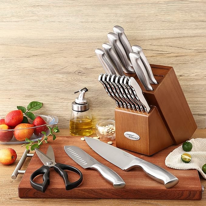 Marco Almond MA22 Knife Sets, 19 Pieces Stainless Steel Hollow Handle Kitchen Knives Block Set