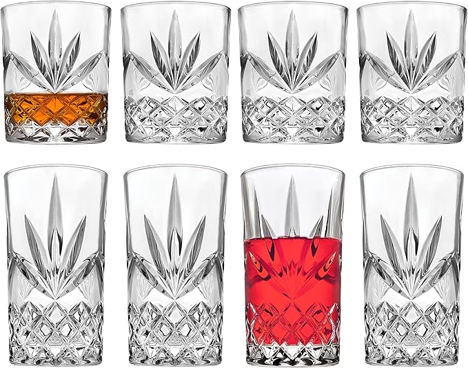 Godinger Mixed Drinkware Set of 8, 4 Highballs Tall Drinking Glasses, 4 Old Fashioned Whiskey Glasses, Glassware Set, Crystal Glass Cups