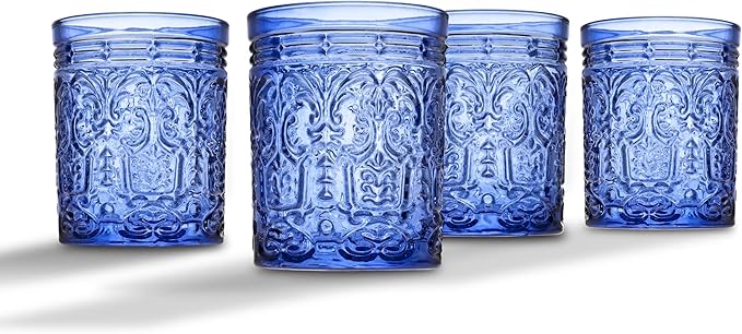 Godinger Old Fashioned Whiskey Glasses, Drinking Glasses, Vintage Decor, Glass Cups, Water Glasses, Cocktail Glasses - Jax Collection, 12oz, Blue, Set of 4