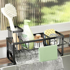 SWTYMIKI Sponge Holder for Kitchen Sink - Sink Caddy with Brush Holder and Stainless Steel Self Drain Tray, Sponge Caddy Organizer with Divider Kitchen Accessories Storage for Countertop, Black