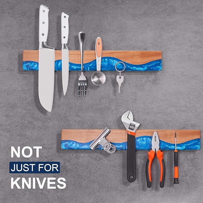 ENOKING 16 Inch Magnetic Knife Holder for Wall, Acacia Wood & Blue Resin Magnetic Knife Strip, Powerful No-Drill Adhesive or Screws Mount, Kitchen Knife Bar Storage Rack ("Ocean" Blue Resin)