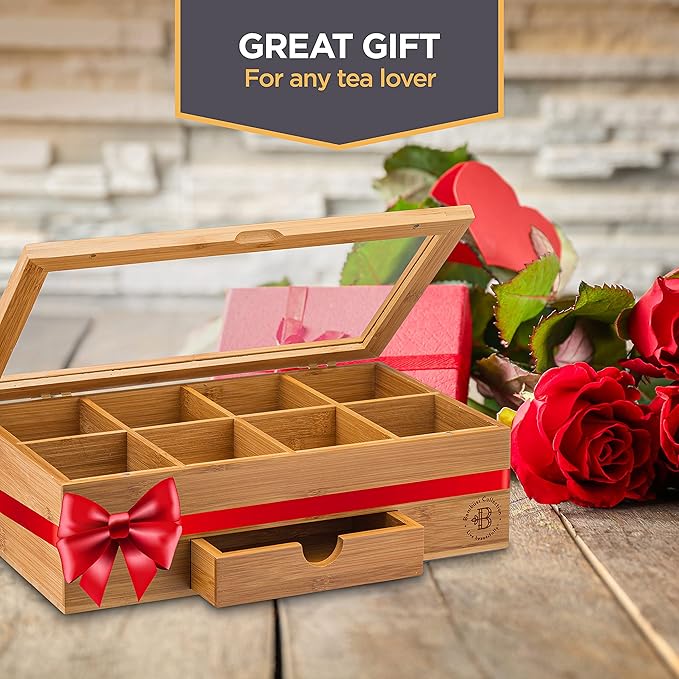 Bambüsi Tea Box Organizer with Drawer - 8 Compartment Bamboo Wooden Tea Storage Chest with Acrylic Window & Magnetic Lid - Tea Accessories & Gift Set for Women, Birthdays, House Warming Gifts New Home