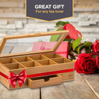 Bambüsi Tea Box Organizer with Drawer - 8 Compartment Bamboo Wooden Tea Storage Chest with Acrylic Window & Magnetic Lid - Tea Accessories & Gift Set for Women, Birthdays, House Warming Gifts New Home