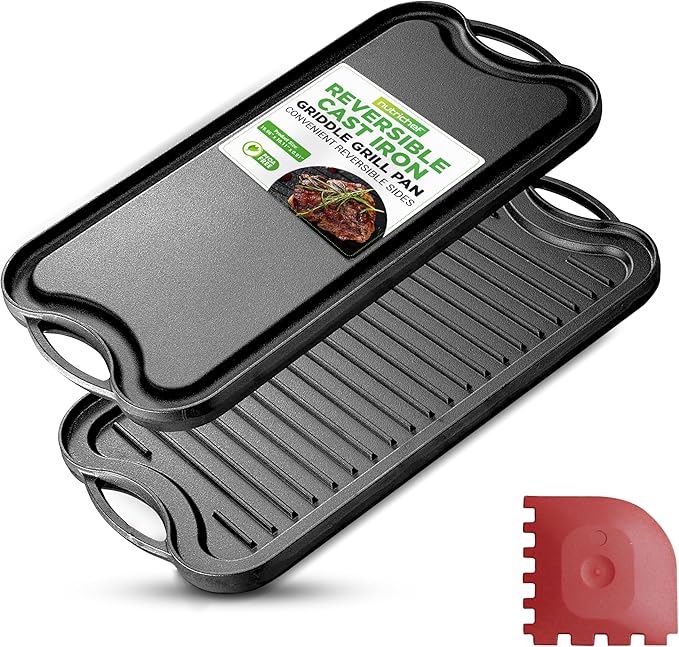 NutriChef Reversible Cast Iron Griddle Pan for Stove Top Cooking, Heavy Duty Nonstick Grill Plate with Flat & Ribbed Sides, Works as Flat Top Grill or Griddle for Gas Grill, Includes Scraper Tool