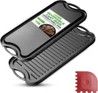 NutriChef Reversible Cast Iron Griddle Pan for Stove Top Cooking, Heavy Duty Nonstick Grill Plate with Flat & Ribbed Sides, Works as Flat Top Grill or Griddle for Gas Grill, Includes Scraper Tool