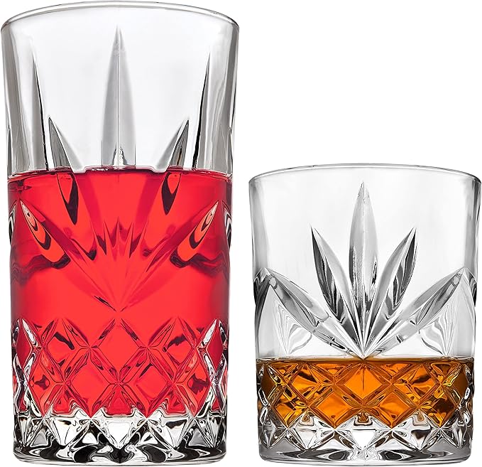 Godinger Mixed Drinkware Set of 8, 4 Highballs Tall Drinking Glasses, 4 Old Fashioned Whiskey Glasses, Glassware Set, Crystal Glass Cups
