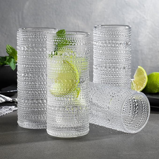 Glaver's Highball Drinking Glasses, 10.82 oz Sleek Hobnail Textured Glassware Modern Tall Tumblers set of 4 Iced Coffee Glasses, Highball Cocktail Set, Dishwasher Safe, Housewarming Gift Set