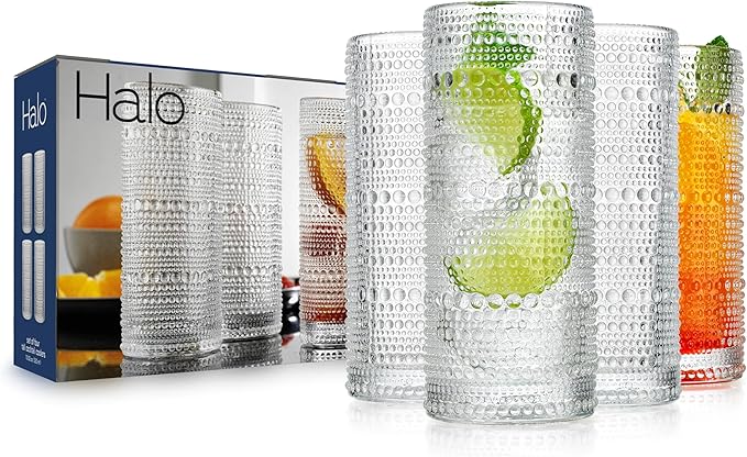 Glaver's Highball Drinking Glasses, 10.82 oz Sleek Hobnail Textured Glassware Modern Tall Tumblers set of 4 Iced Coffee Glasses, Highball Cocktail Set, Dishwasher Safe, Housewarming Gift Set