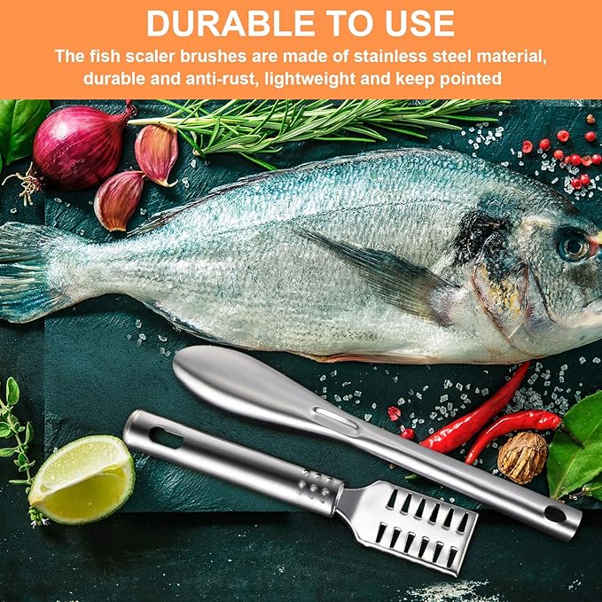 4 Piece Fish Scaler Remover Brush Set - Stainless Steel Sawtooth Scarper With Ergonomic Handle for Kitchen - Faster and Easier Scales Skin Removing Peeling Tool