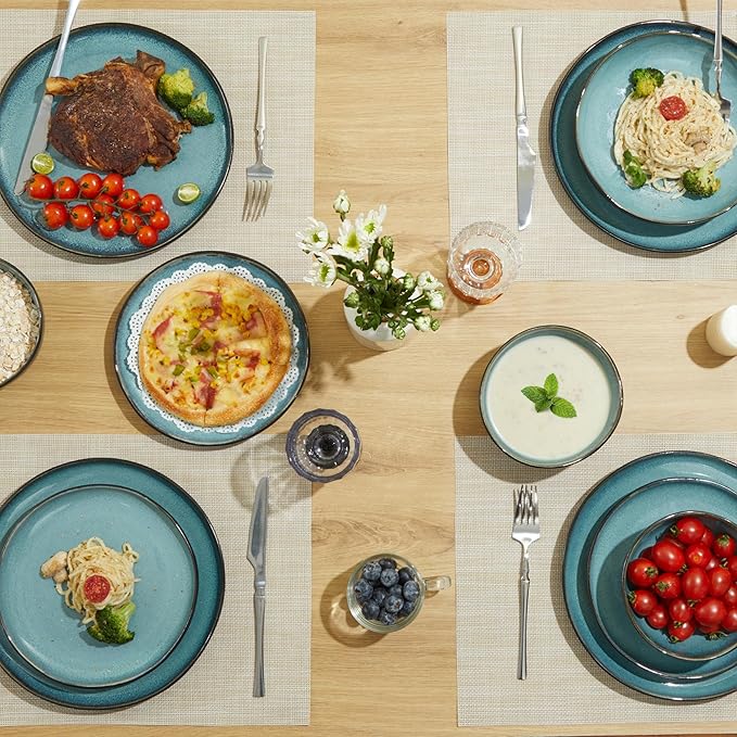 Pokini 32 Piece Dinnerware Set for 8 with Pasta Bowls, Green Black Reactive Glaze Stoneware | All‑in‑One Host Set for Entertaining, Holiday Meals, Multi‑Course Dinners | Unique Irregular Coastal Look