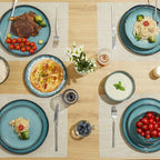 Pokini 32 Piece Dinnerware Set for 8 with Pasta Bowls, Green Black Reactive Glaze Stoneware | All‑in‑One Host Set for Entertaining, Holiday Meals, Multi‑Course Dinners | Unique Irregular Coastal Look