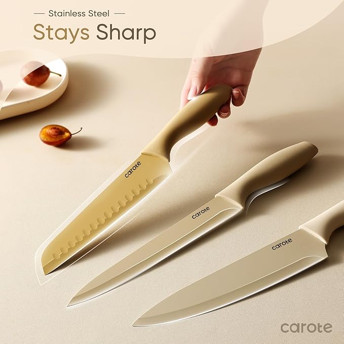 CAROTE Knife Set, 12 Pieces Kitchen Knife Set, 6 Stainless Steel Knives with Blade Guards & Nonstick Ceramic Coating, Rustproof, Color-Coded, Ergonomic Handles