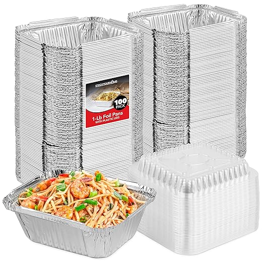 Stock Your Home 1 lb Small Aluminum Pans with Clear Plastic Lids (100 Pack), Disposable Cookware & Takeout Trays for Restaurants & Catering
