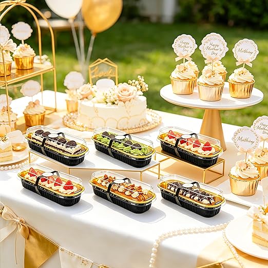 NPLUX 100 Pack Mini Cake Pans with Lids and Spoons Black Gold Rectangular Aluminum Foil Baking Pans Mini Cheesecake Containers(6.8oz)