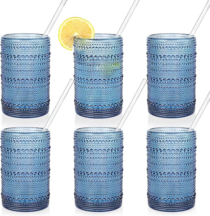 KMIGRUAN Large Hobnail Drinking Glasses Set of 6, 15oz Blue Vintage Glassware, Embossed Glass Cups, Water Tumbler, Highball Glasses For Beer, Juice And Various Mixed Drinks