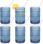 KMIGRUAN Large Hobnail Drinking Glasses Set of 6, 15oz Blue Vintage Glassware, Embossed Glass Cups, Water Tumbler, Highball Glasses For Beer, Juice And Various Mixed Drinks