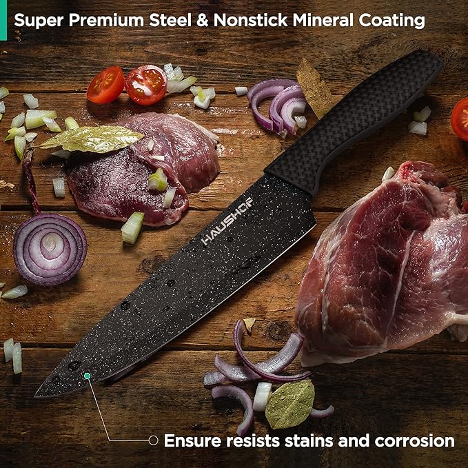 HAUSHOF Kitchen Knife Set, 5 PCS Knife Sets with Arcylic Block, Teflon Coated Black Knives Set for Kitchen, Premium Stainless Steel Knives Set with Ergonomic Handle, Great for Slicing, Dicing&Cutting