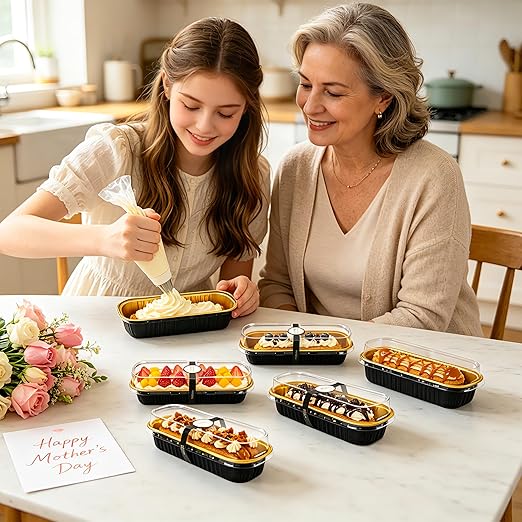 NPLUX 50 Pack Mini Cake Pans with Lids and Spoons Black Gold Rectangular Aluminum Foil Baking Pans Mini Cheesecake Containers(6.8oz)