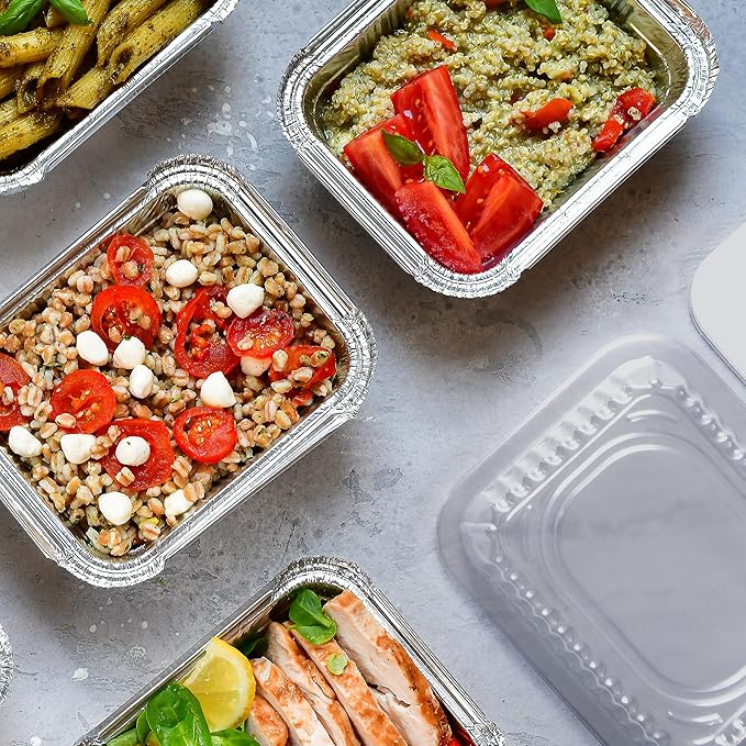 Aluminum Pans With Plastic Dome Lids - 50 Count - 2.25LB (8.5"x6") Oblong Pans - To Go Containers With Lids - Disposable Tin Foil Pans - Perfect For Catering, Meal Prep, Baking, Freezer Safe