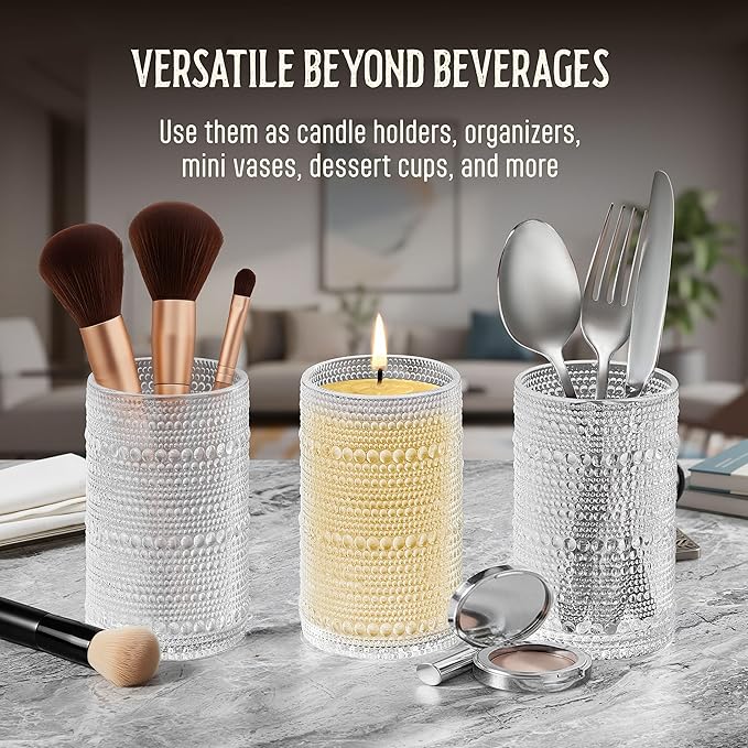 12 Oz Hobnail Drinking Glasses Set of 6 - Clear Multipurpose Glassware Sets, Decorative & Stylish Glasses Drinking Set for Bar, Kitchen, Cocktail Glassware, Garden - Home, Dining, & Kitchen