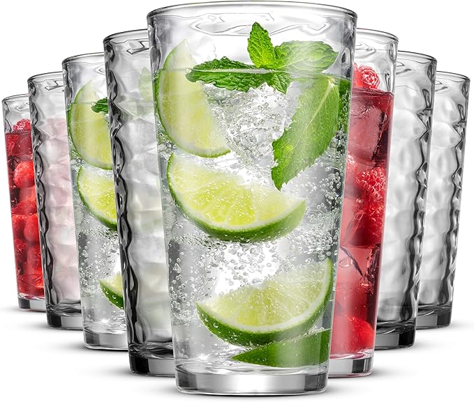 Biscayne Glassware Set, 24-Piece, Mixed Sizes with 16oz Cooler, 13oz DOF, 7 oz Juice and 3oz Shot Glasses - 6 Each Size = 24 Glasses