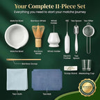 BARISTA EMPEROR® MATCHA WHISK SET PREMIUM 11pcs - Professional Matcha Kit Set with Matcha Bowl, Matcha Whisk, Milk Frother, Spoon, Sifter, Scoop, Stand, Cup, Tea Mat, Cloth - Matcha Bowl Set