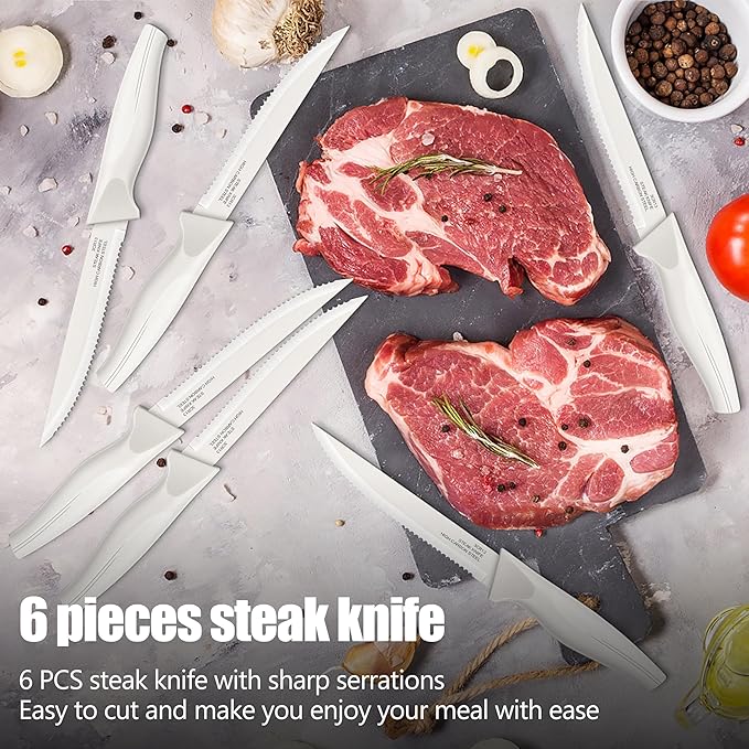 HaWare Knife Set, 21 Pieces Stainless Steel Kitchen Knife Block Set, White Chef Knife Sets with Measuring Spoon & Slicer for Home, 6 Steak Kinves, Sharp Blade & Light Weight Cutlery, Ergonomic Handle