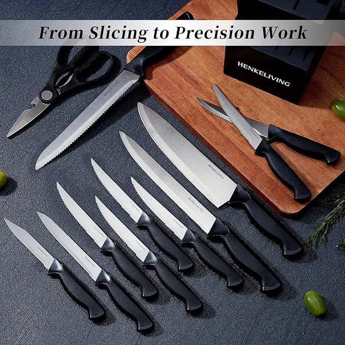 Knife Set, 14-Piece Kitchen Knives Set with Block, German High Carbon Stainless Steel, Ergonomic Non-Slip Handles, BlackSilver