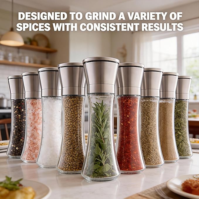 Gorgeous Salt & Pepper Grinder Set — Refillable Stainless Steel & Glass Spice Mill with Adjustable Coarseness — Perfect For Himalayan Or Sea Salts, Fresh Ground Pepper, Or Fresh Spices (1 Pack)