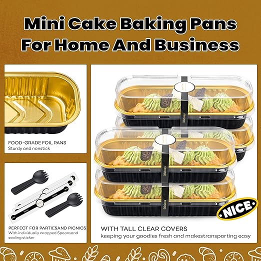 NPLUX 50 Pack Mini Cake Pans with Lids and Spoons Black Gold Rectangular Aluminum Foil Baking Pans Mini Cheesecake Containers(6.8oz)