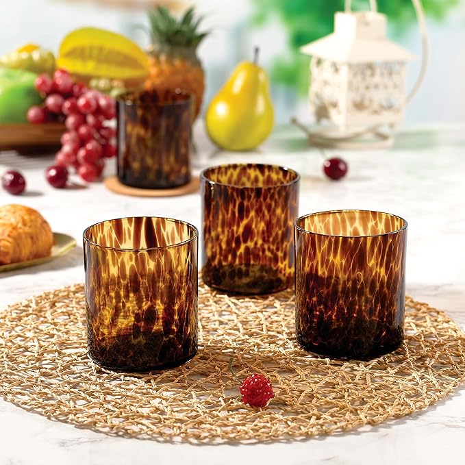 Joseph Sedgh Collection Tortoise Shell DOF Lowball Glass Set of 4 – 10.15 oz Borosilicate Whiskey & Cocktail Glasses – Stylish, Lead-Free, Dishwasher Safe – Gift Box Included
