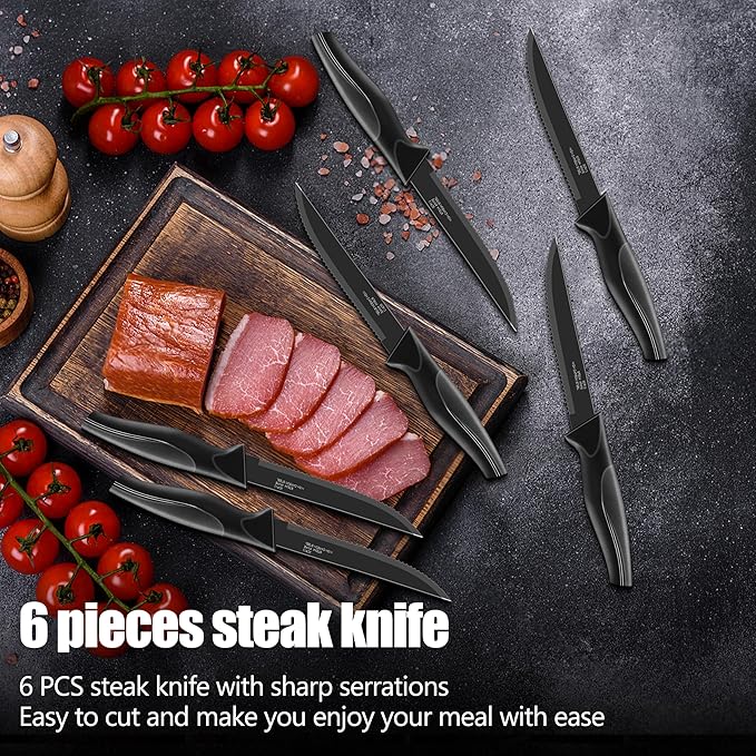 HaWare Knife Set, 21 Pieces Stainless Steel Kitchen Knife Block Set, Black Chef Knife Sets with 6 Steak Kinves, Measuring Spoon & Slicer for Home, Sharp Blade & Light Weight Cutlery, Ergonomic Handle