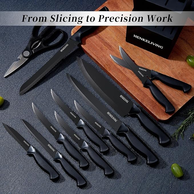 Knife Set, 14-Piece Kitchen Knives Set with Block, Built-in Sharpener, German High Carbon Stainless Steel, Ergonomic Non-Slip Handles, Black