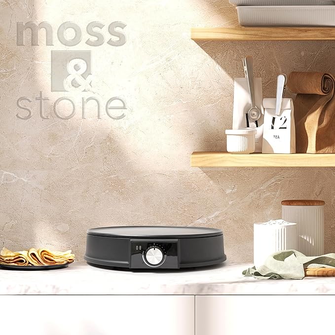 Moss & Stone 12” Electric Griddle Pan & Crepe Machine, Non-Stick Electric Crepe Maker with Adjustable Temperature, Includes Spreader & Spatula – Ideal for Pancakes, Blintzes & Tortillas
