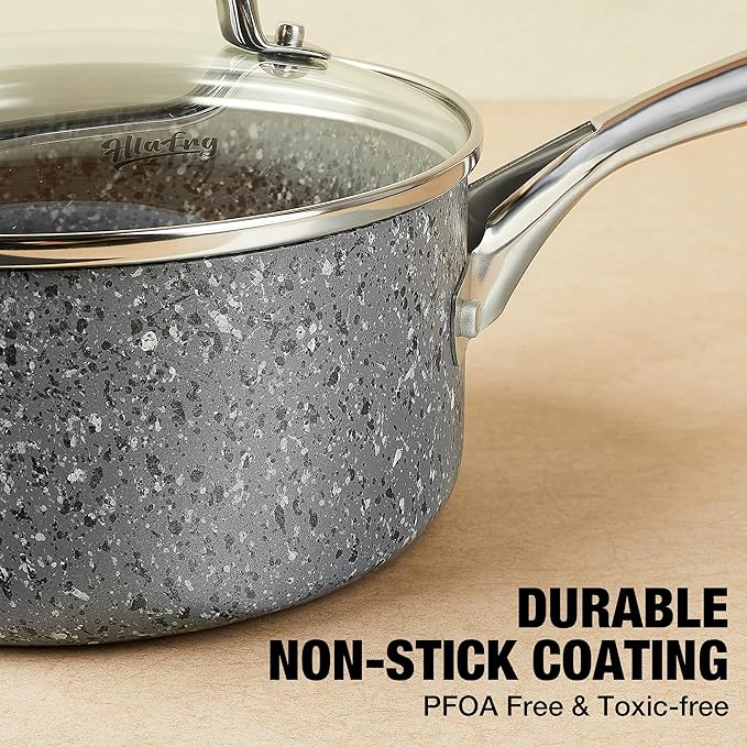 Kitchen Nonstick Saucepan Set - 1 Quart and 2 Quart Sauce Pan Set with Lid - Multipurpose Pots Set Use for Home Kitchen or Restaurant (Grey Granite)
