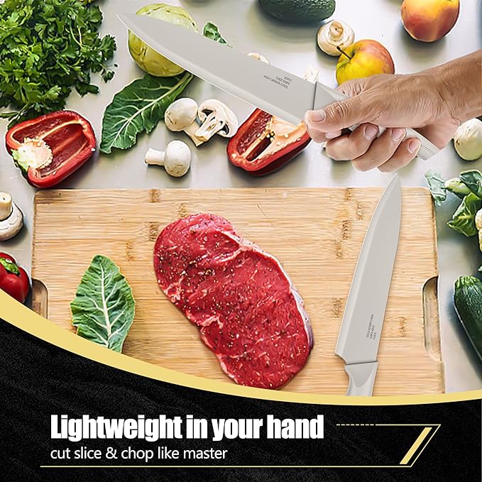 HaWare Knife Set, 21 Pieces Stainless Steel Kitchen Knife Block Set, Khaki Chef Knife Sets with Measuring Spoon & Slicer for Home, 6 Steak Kinves, Sharp Blade & Light Weight Cutlery, Ergonomic Handle