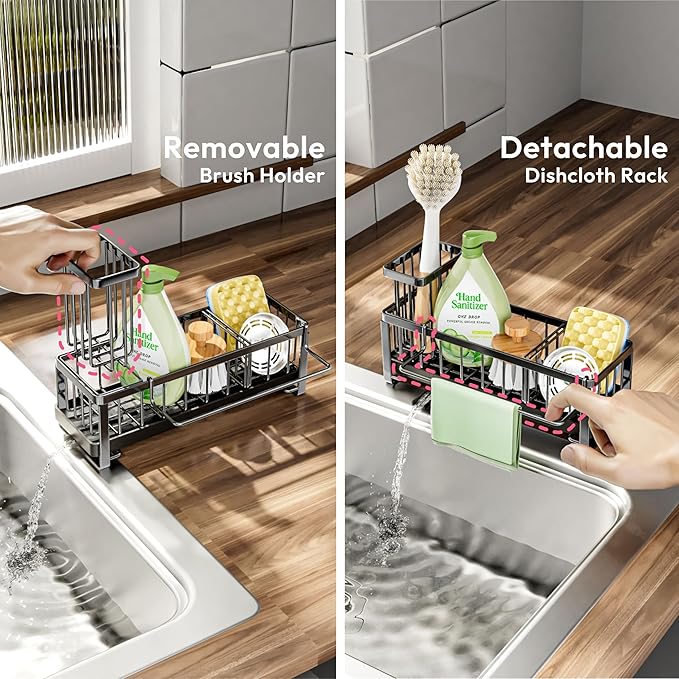 SWTYMIKI Sponge Holder for Kitchen Sink - Sink Caddy with Brush Holder Self-draining Sponge Caddy Organizer with Divider Stainless Steel Kitchen Accessories Storage for Countertop, Black