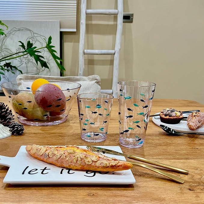 KLIFA- CHARLESTON- 16.5 oz, Set of 6, Acrylic Fishing Tumbler, School of Fish Drinking Glasses, BPA-Free, Stackable Plastic Drinkware, Dishwasher Safe Cups, Dark and Light Blue Printing