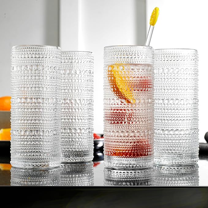 Glaver's Highball Drinking Glasses, 10.82 oz Sleek Hobnail Textured Glassware Modern Tall Tumblers set of 4 Iced Coffee Glasses, Highball Cocktail Set, Dishwasher Safe, Housewarming Gift Set